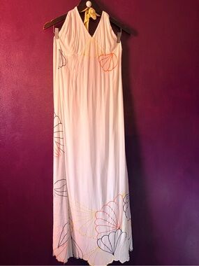 Vintage Tamara Catz Maui classic white halter maxi dress with shell embroidery
